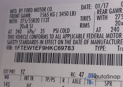 2017 Ford F-150 Xlt z USA, uszkodzony, nr VIN 1FTEW1EF9HKC69783